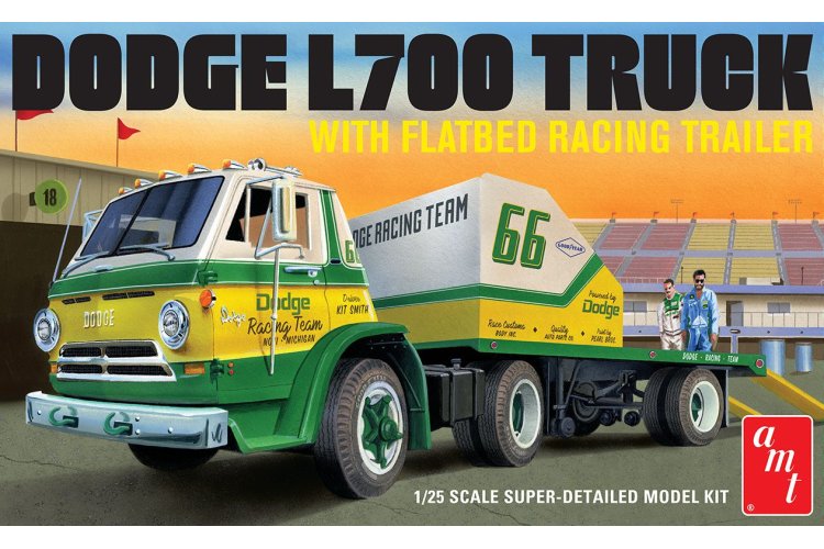 1:25 AMT 1368 Dodge L700 1966 Truck met Flatbed Racing Trailer - Amt1368 1 - AMT1368