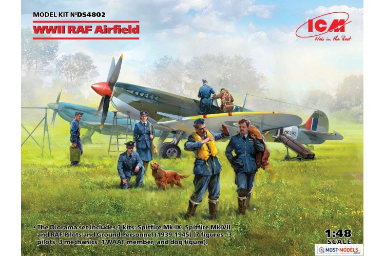 1:48 ICM DS4802 WWII RAF Airfield - Spitfire Mk.IX,Spitfire MkVII,RAF Pilots a Ground Pers 7 fig. - Icmds4802 en 1 - ICMDS4802