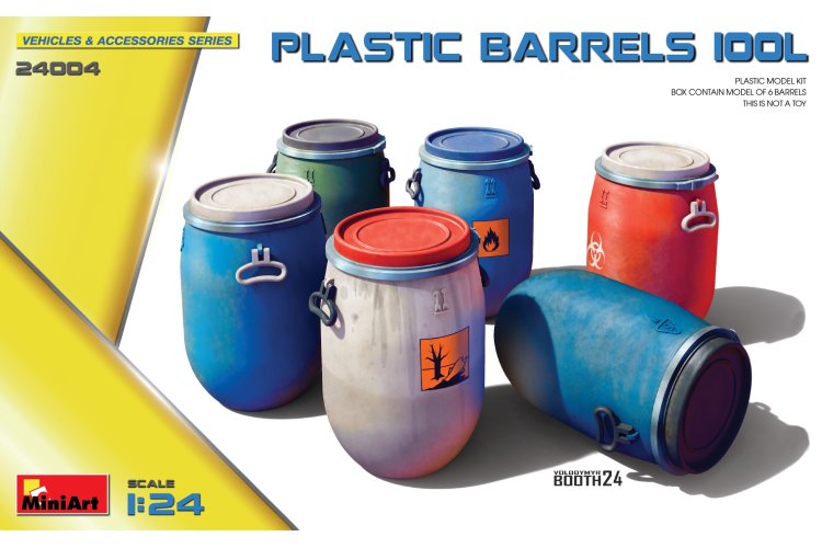 1:24 MiniArt 24004 Plastic Barrels/Drums 100 Liter - 6 Barrels for Diorama - Min24004 1 - MIN24004