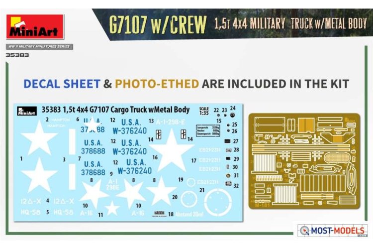 1:35 MiniArt 35383 G7107 w/Crew 1,5 4X4 Cargo Truck w/Metal body - Min35383 decal pe - MIN35383