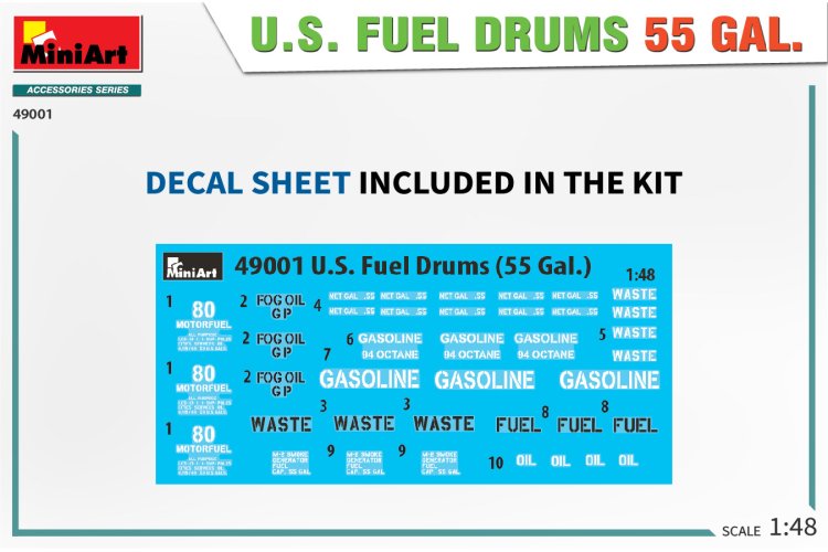 1:48 MiniArt 49001 U.S. Fuel Drums 55 Gals. Set - Min49001 2 - MIN49001