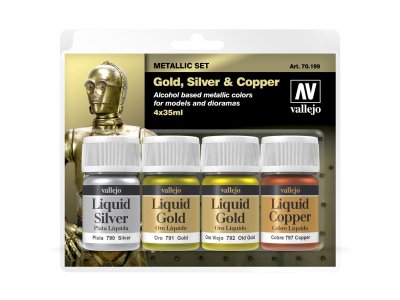 Vallejo 70199 Liquid Color Set - Silver - (Old) Gold - Copper - 4x 35ml - Val70199 vallejo model color liquid gold set 4 colors 35ml - VAL70199
