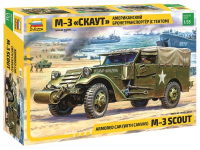 1:35 Zvezda 3581 WWII M-3 Armored Scout Car - with Canvas - Zvz3581 amerikanskiy bronetransporter s tentom m3 skaut - ZVZ3581